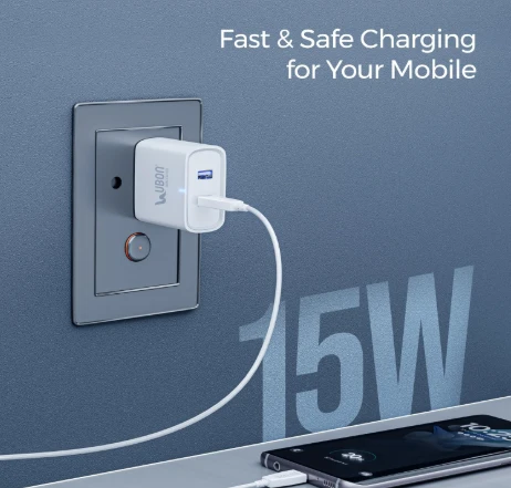 UBON 15W CH-586 Dual USB Port 2.4 Amp Wall Charger Fast Charging Adapter with Type-C Cable for Smartphone & Tablets, BIS Certified, Smart Protection for Short Circuit & Overheating- White