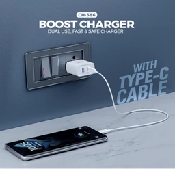 UBON 15W CH-586 Dual USB Port 2.4 Amp Wall Charger Fast Charging Adapter with Type-C Cable for Smartphone & Tablets, BIS Certified, Smart Protection for Short Circuit & Overheating- White