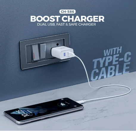 UBON 15W CH-586 Dual USB Port 2.4 Amp Wall Charger Fast Charging Adapter with Type-C Cable for Smartphone & Tablets, BIS Certified, Smart Protection for Short Circuit & Overheating- White