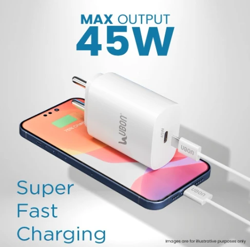 UBON Ubon CH33 45W Type-C Port 3A Superfast Wall Charger, PD Technology, Supports MacBook, Type-C Laptops, iPhone, Samsung, OnePlus etc (White)