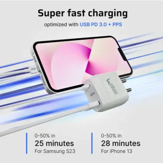 TYVON ubon 65w Dual Port Fast Charger C2 og Series 4.8 A Multiport Mobile Charger with Detachable Cable (White)