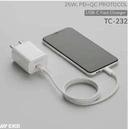 ERD TC-232 USB-C Fast Charger, 25W Power Delivery, PD Protocol Support, White