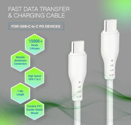 ERD UC-211 USB Type-C to C Data Cable, 65W Fast Charging, High-Speed Data Transfer, Durable, High Strength with 5mm OD cable, 1m Long, Compatible with Android Devices, Tablets, White