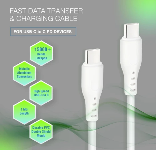 ERD UC-211 USB Type-C to C Data Cable, 65W Fast Charging, High-Speed Data Transfer, Durable, High Strength with 5mm OD cable, 1m Long, Compatible with Android Devices, Tablets, White