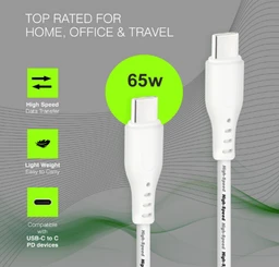 ERD UC-211 USB Type-C to C Data Cable, 65W Fast Charging, High-Speed Data Transfer, Durable, High Strength with 5mm OD cable, 1m Long, Compatible with Android Devices, Tablets, White