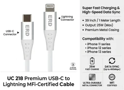ERD TECHNOLOGY PVT LTD Lightning Cable 1 m ERD UC-218 25W Fast Charging USB-C to Lightning Cable for iPhone 13, 12, 11 Pro Max (1 m, White) (Compatible with Tv, Smartphones, Headphones, White, Pack of: 1, USB Type C To Lightning, 25 W)