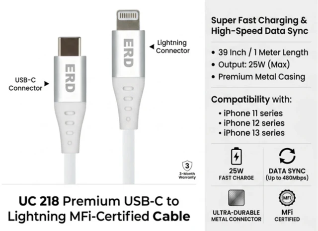 ERD TECHNOLOGY PVT LTD Lightning Cable 1 m ERD UC-218 25W Fast Charging USB-C to Lightning Cable for iPhone 13, 12, 11 Pro Max (1 m, White) (Compatible with Tv, Smartphones, Headphones, White, Pack of: 1, USB Type C To Lightning, 25 W)