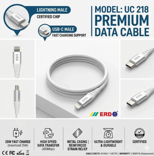 ERD TECHNOLOGY PVT LTD Lightning Cable 1 m ERD UC-218 25W Fast Charging USB-C to Lightning Cable for iPhone 13, 12, 11 Pro Max (1 m, White) (Compatible with Tv, Smartphones, Headphones, White, Pack of: 1, USB Type C To Lightning, 25 W)