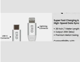 ERD TECHNOLOGY PVT LTD Lightning Cable 1 m ERD UC-218 25W Fast Charging USB-C to Lightning Cable for iPhone 13, 12, 11 Pro Max (1 m, White) (Compatible with Tv, Smartphones, Headphones, White, Pack of: 1, USB Type C To Lightning, 25 W)