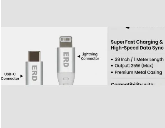 ERD TECHNOLOGY PVT LTD Lightning Cable 1 m ERD UC-218 25W Fast Charging USB-C to Lightning Cable for iPhone 13, 12, 11 Pro Max (1 m, White) (Compatible with Tv, Smartphones, Headphones, White, Pack of: 1, USB Type C To Lightning, 25 W)