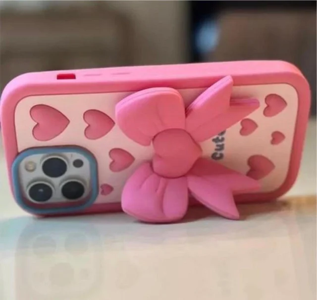 HRK iPhone 16 Pro Max Cute 3D Pink Bow & Embossed Heart Soft Silicone Case - pink