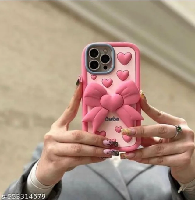 HRK iPhone 14 Plus Cute 3D Pink Heart & Bowknot Silicone Back Cover Case - PINK