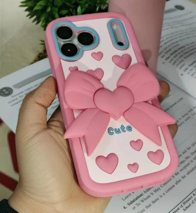 HRK iPhone 17 Pro Cute 3D Pink Bow & Heart Soft Silicone Phone Case - pink