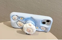 HRK Cute 3D Fluffy Sheep iPhone 14 Case with Pop Grip Stand – Soft Silicone Pastel Blue Shockproof Cover - BLUE
