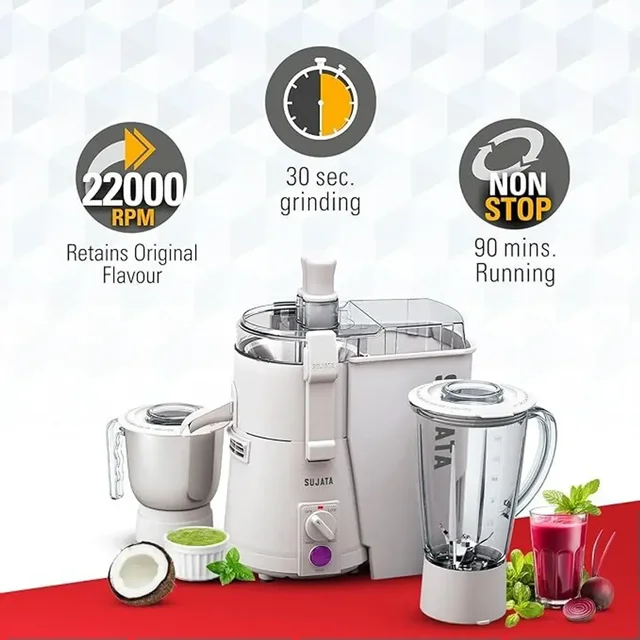 SUJATA POWERMATIC PLUS 900 W Juicer Mixer Grinder (POWERMATIC PLUS | 2 Jars | White) - WHITE