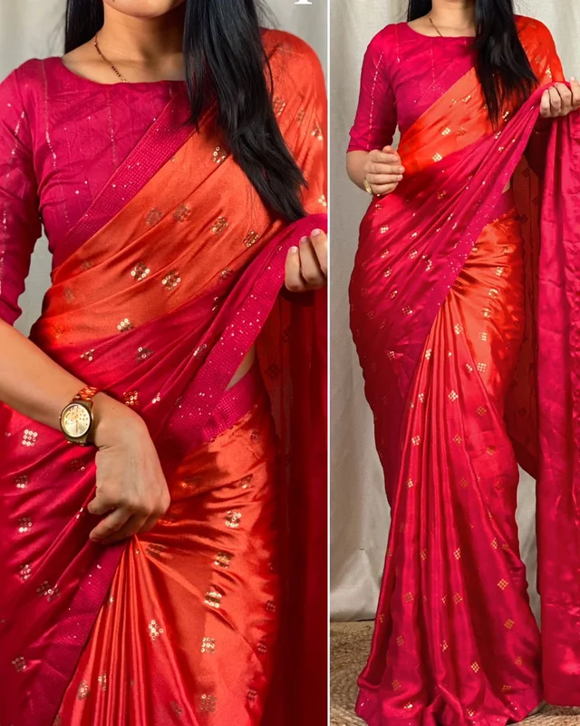 Syra Silk Designer Saree - Blaze Orange, Free