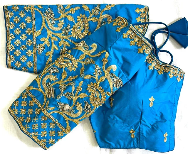 Chandra Kantha Blouse - Bright Turquoise, 38 (Alter Upto 40)