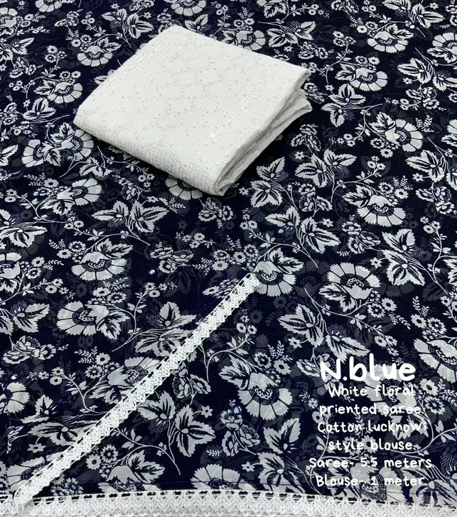 Soft Printed Saree - Navy Blue, Free