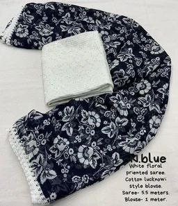 Soft Printed Saree - Navy Blue, Free