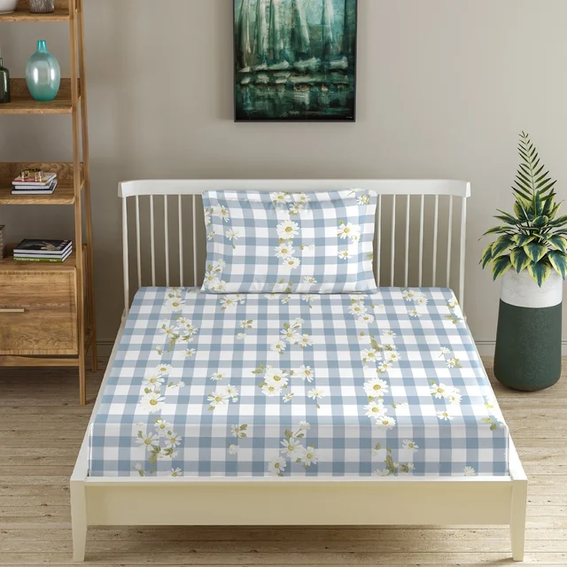Morado MORADO Premium Glace Cotton Single Fitted Bedsheet With 1 King Size Pillow Cover (36x72x8 Inches)-Blue - 36x72x8 inches