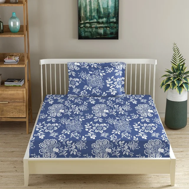 Morado MORADO Premium Glace Cotton Single Fitted Bedsheet With 1 King Size Pillow Cover (36x72x8 Inches)-Blue - 36x72x8 inches