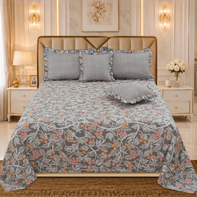 MORADO Morado 5 Pcs Frill Cushion Cover Set 16x16 Inches – Grey Ranunculus Floral Printed Decorative Cushion Covers