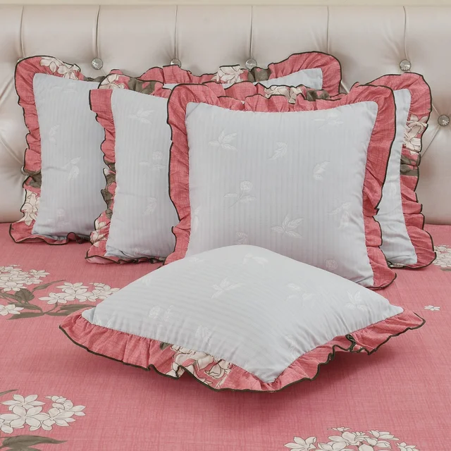 MORADO Morado 5 Pcs Floral Frill Cushion Cover Set – 16x16 Inches, Carrot Phlox Combo