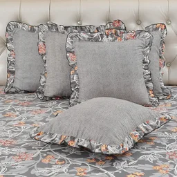 MORADO Morado 5 Pcs Frill Cushion Cover Set 16x16 Inches – Grey Ranunculus Floral Printed Decorative Cushion Covers
