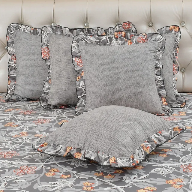 MORADO Morado 5 Pcs Frill Cushion Cover Set 16x16 Inches – Grey Ranunculus Floral Printed Decorative Cushion Covers
