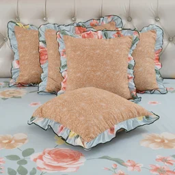 MORADO Morado 5 Pcs Frill Cushion Cover Set 16x16 Inches – Sky Blue Floral Rose Print