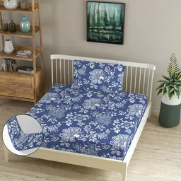 Morado MORADO Premium Glace Cotton Single Fitted Bedsheet With 1 King Size Pillow Cover (36x72x8 Inches)-Blue - 36x72x8 inches