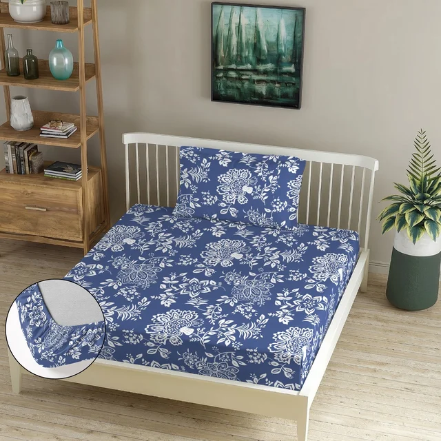 Morado MORADO Premium Glace Cotton Single Fitted Bedsheet With 1 King Size Pillow Cover (36x72x8 Inches)-Blue - 36x72x8 inches