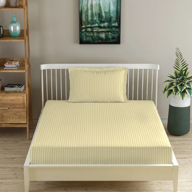 MORADO Premium Glace Cotton Stripe Single Fitted Bedsheet With 1 Pillow Cover for Home/Hotels/Guest House (36x72x8 Inches)-Beige