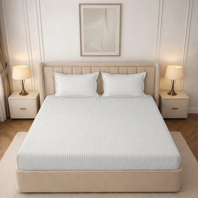 MORADO Premium Glace Cotton Stripe Double Fitted Bedsheet With 2 Pillow Covers for Home/Hotels/Guest House (72x78x8) Inches-Ivory