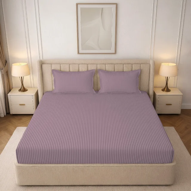 MORADO Premium Glace Cotton Stripe Double Fitted Bedsheet With 2 Pillow Covers for Home/Hotels/Guest House (72x78x8) Inches-Mauve