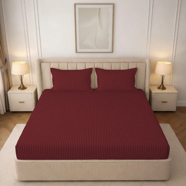 MORADO Premium Glace Cotton Stripe Double Fitted Bedsheet With 2 Pillow Covers for Home/Hotels/Guest House (72x78x8) Inches-Maroon