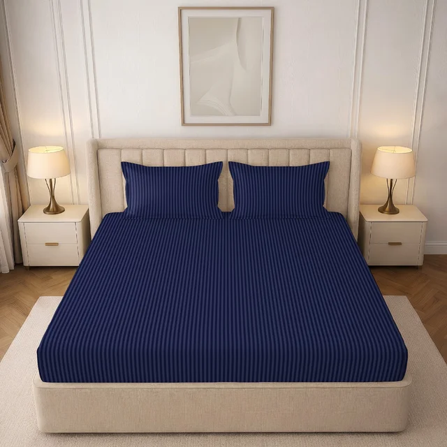 MORADO Premium Glace Cotton Stripe Double Fitted Bedsheet With 2 Pillow Covers for Home/Hotels/Guest House (72x78x8) Inches-Navyblue