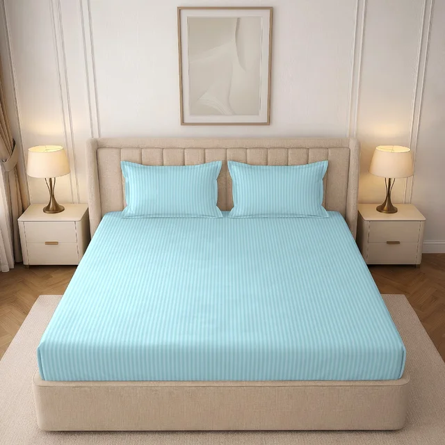 MORADO Premium Glace Cotton Stripe Double Fitted Bedsheet With 2 Pillow Covers for Home/Hotels/Guest House (72x78x8) Inches-Powderblue