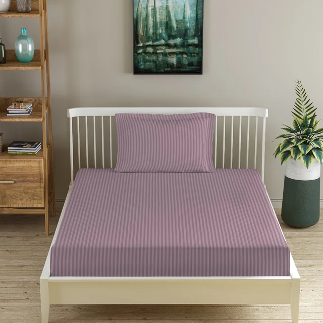 MORADO Premium Glace Cotton Stripe Single Flat Bedsheet With 1 Pillow Cover for Home/Hotels/Guest House (60x90 Inches)-Mauve