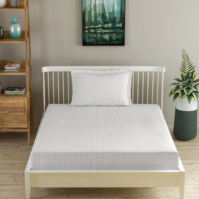 MORADO Premium Glace Cotton Stripe Single Flat Bedsheet With 1 Pillow Cover for Home/Hotels/Guest House (60x90 Inches)-Ivory