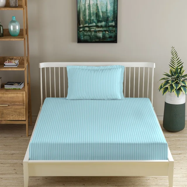 MORADO Premium Glace Cotton Stripe Single Flat Bedsheet With 1 Pillow Cover for Home/Hotels/Guest House (60x90 Inches)-Powderblue