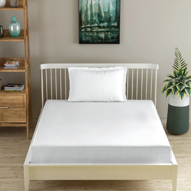 MORADO Premium Glace Cotton Stripe Single Flat Bedsheet With 1 Pillow Cover for Home/Hotels/Guest House (60x90 Inches)-White