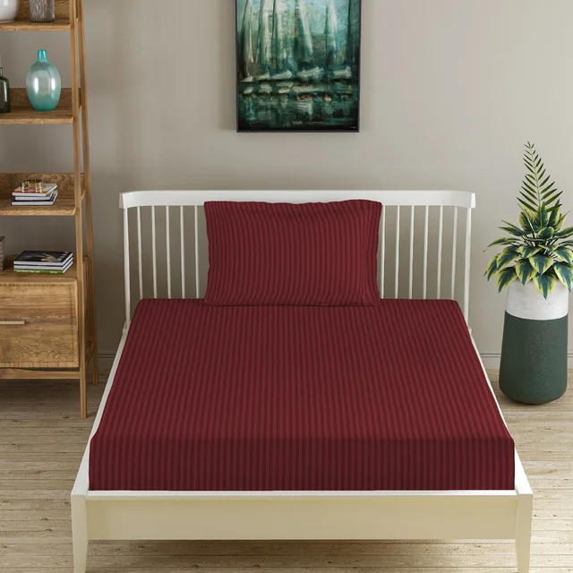 MORADO Premium Glace Cotton Stripe Single Fitted Bedsheet With 1 Pillow Cover for Home/Hotels/Guest House (36x72x8 Inches)-Maroon