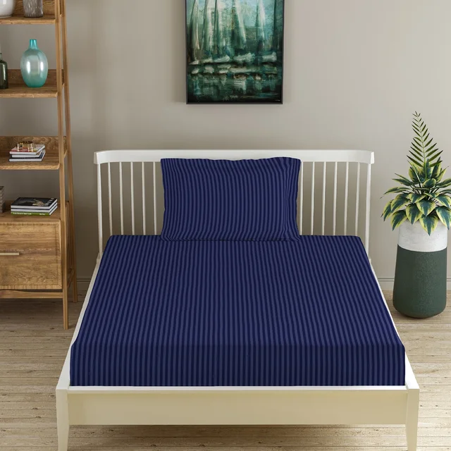 MORADO Premium Glace Cotton Stripe Single Fitted Bedsheet With 1 Pillow Cover for Home/Hotels/Guest House (36x72x8 Inches)-Navyblue