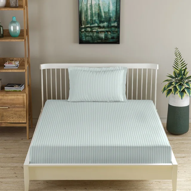MORADO Premium Glace Cotton Stripe Single Fitted Bedsheet With 1 Pillow Cover for Home/Hotels/Guest House (36x72x8 Inches)-Silvergrey
