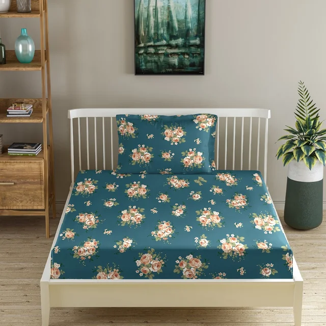 Morado MORADO Premium Glace Cotton Single Flat Bedsheet with 1 King Size Pillow Cover (60x90 Inches)-Teal - 60x90 inches