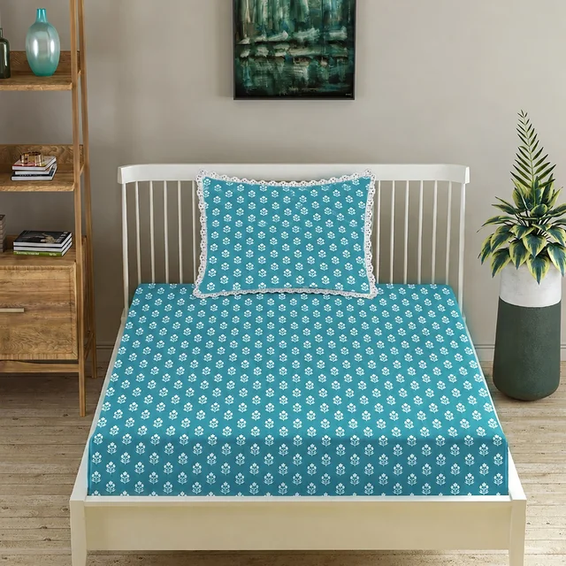 MORADO AQUA FLORAL WHITE LACE Fitted Bed Sheet