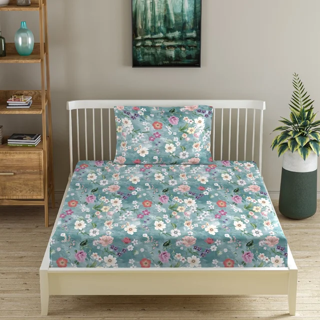 Morado MORADO Premium Glace Cotton Single Flat Bedsheet with 1 King Size Pillow Cover (60x90 Inches)-Blue - 60x90 inches