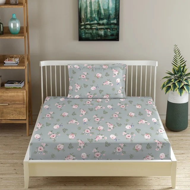 Morado MORADO Premium Glace Cotton Single Fitted Bedsheet With 1 King Size Pillow Cover (36x72x8 Inches)-Grey - 36x72x8 inches