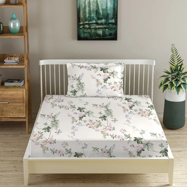 Morado MORADO Premium Glace Cotton Single Fitted Bedsheet With 1 King Size Pillow Cover (36x72x8 Inches)-White - 36x72x8 inches
